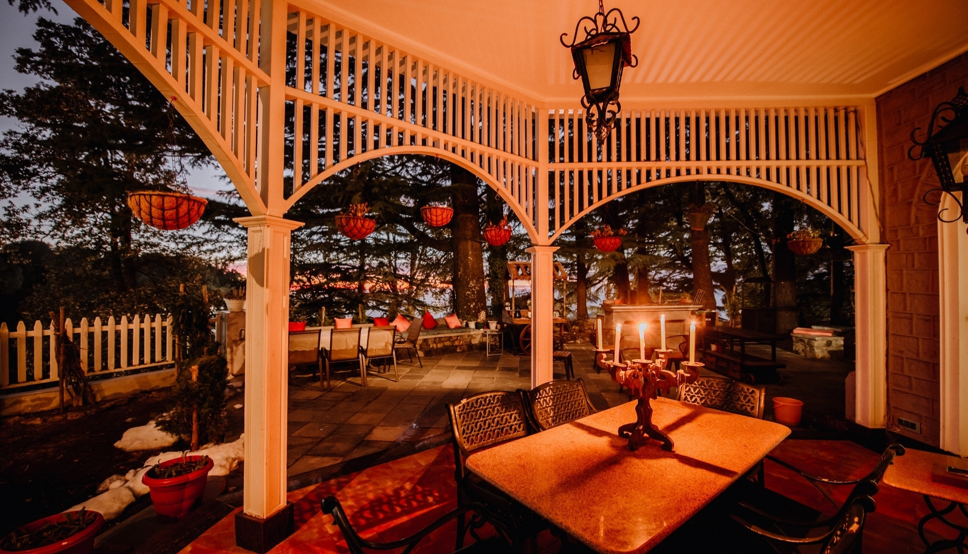 The lantern-lit arches of Elgin Hall after dark